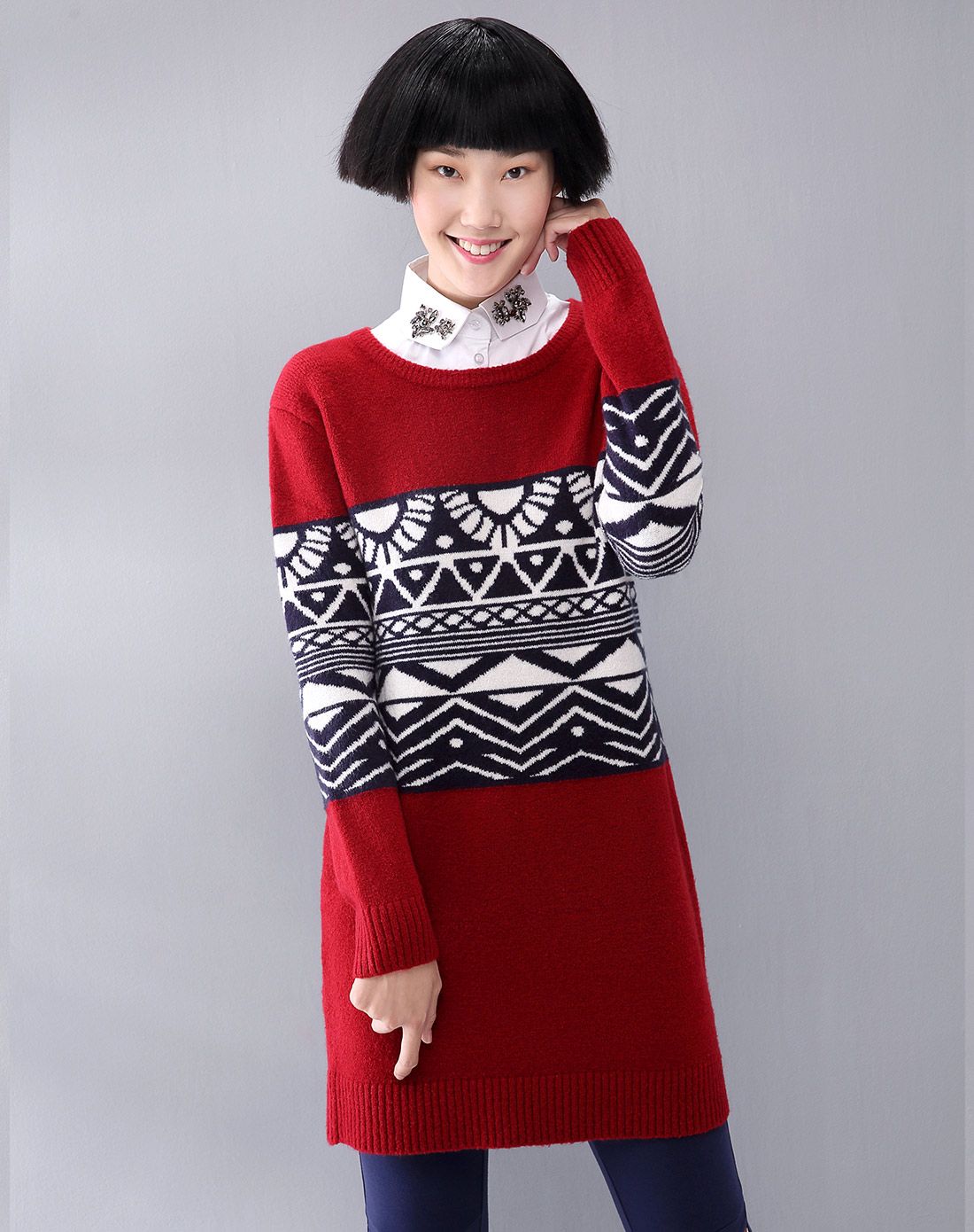 熙世界sllsky枣红色提花圆领长款毛衣184la452226_唯品会