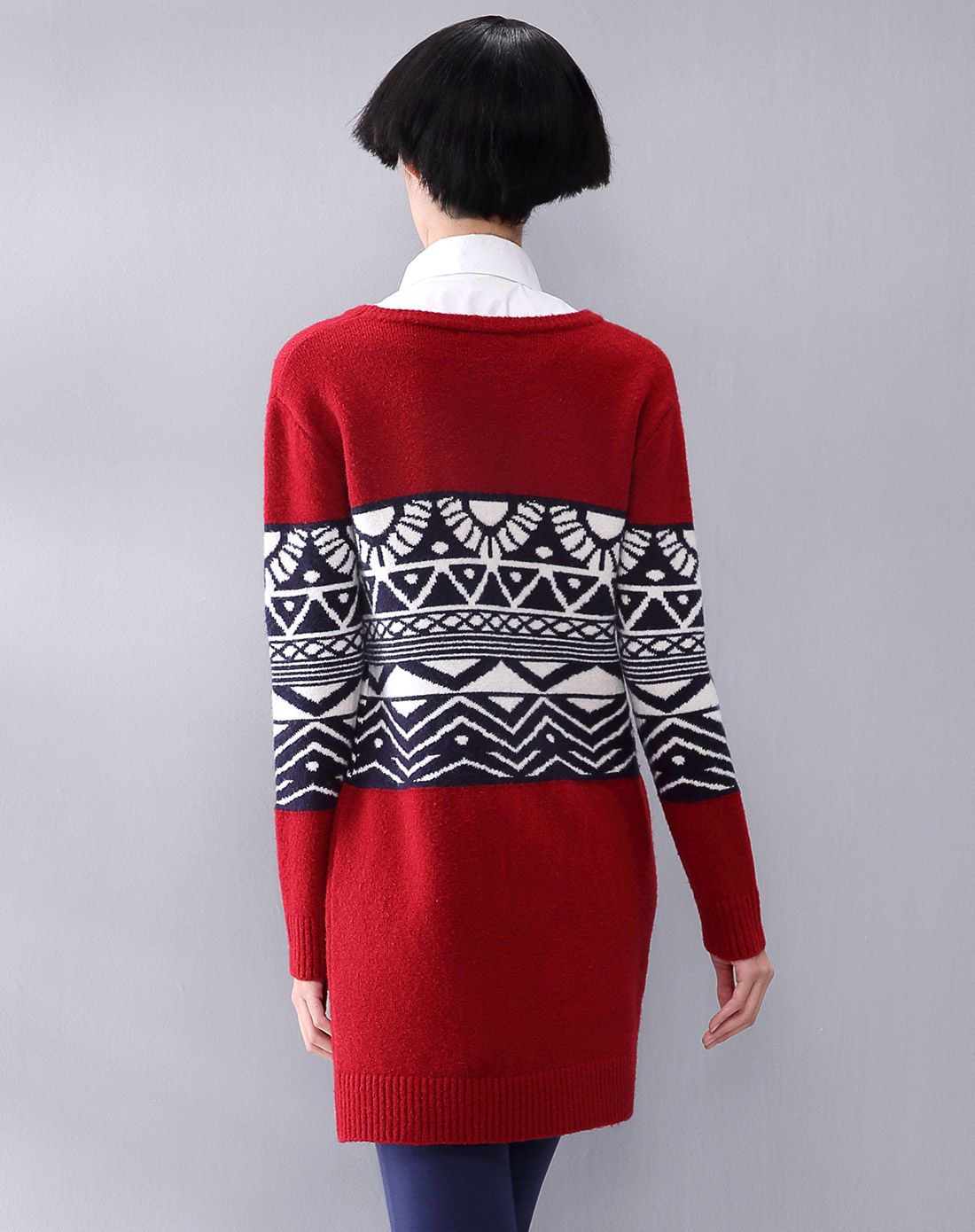 熙世界sllsky枣红色提花圆领长款毛衣184la452226_唯品会