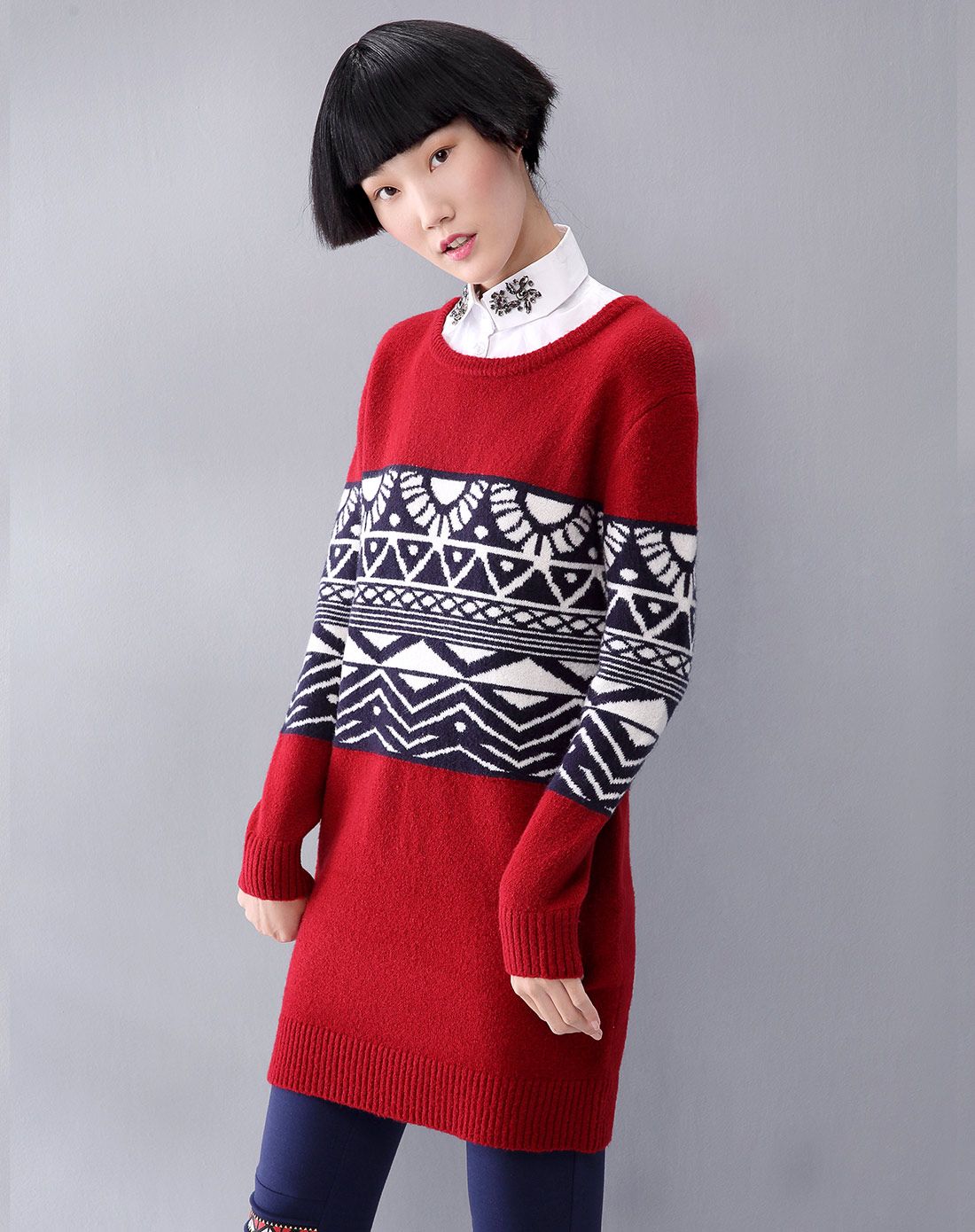 熙世界sllsky枣红色提花圆领长款毛衣184la452226_唯品会