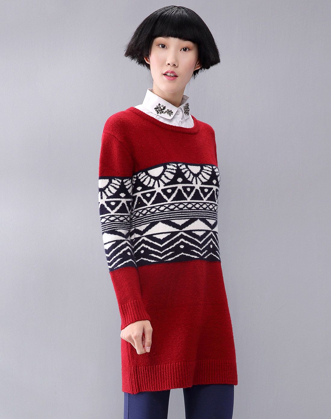 熙世界sllsky枣红色提花圆领长款毛衣184la452226_唯品会