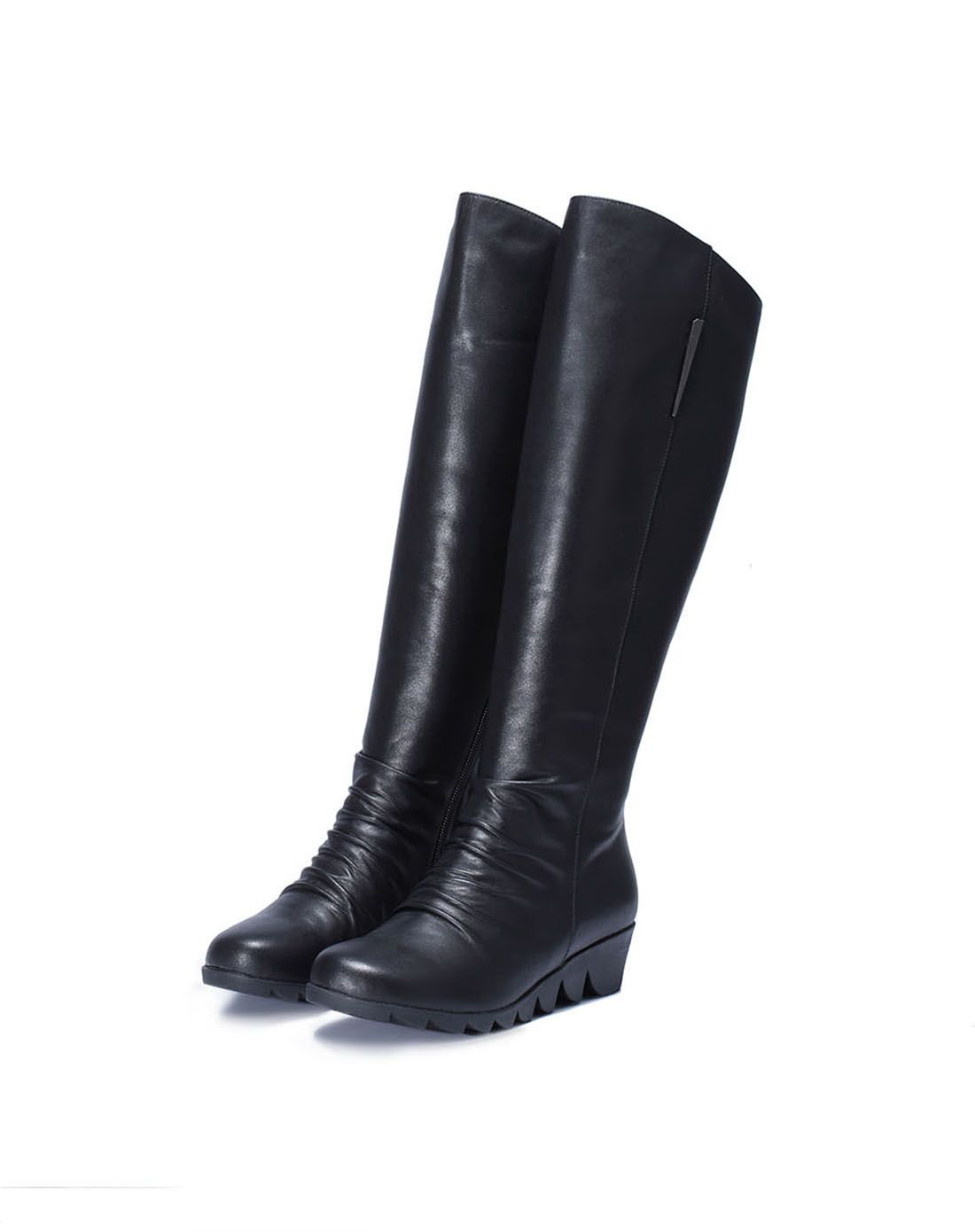 黑色牛皮中绒里简约拉链高筒靴
