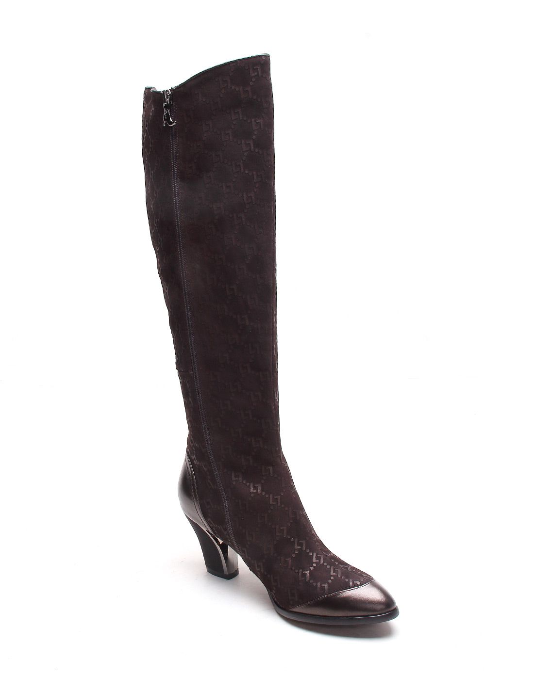 莱斯佩斯咖啡色牛花皮荷叶边铆钉长靴