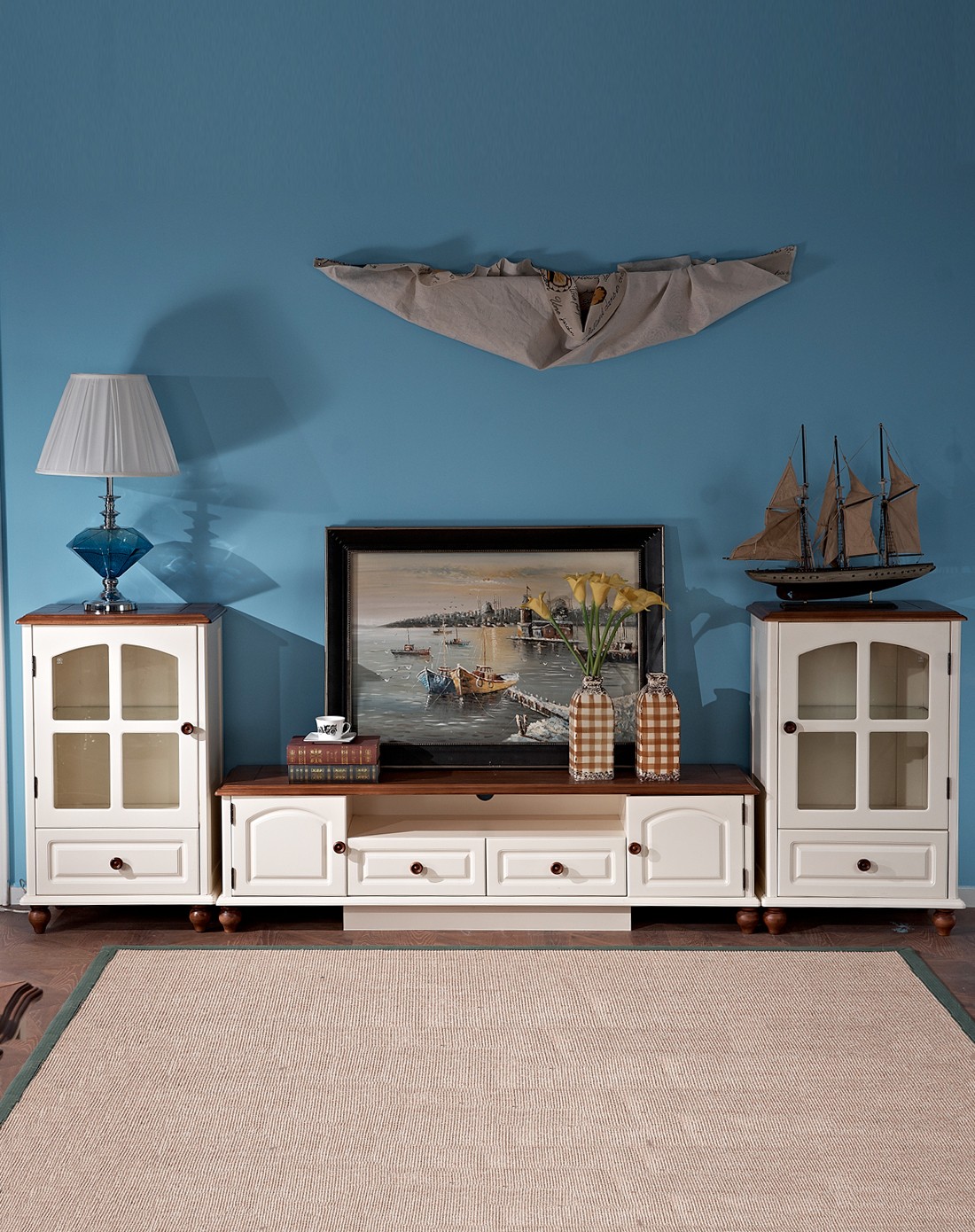 2.8米象牙白实木地中海风电视柜酒柜三件