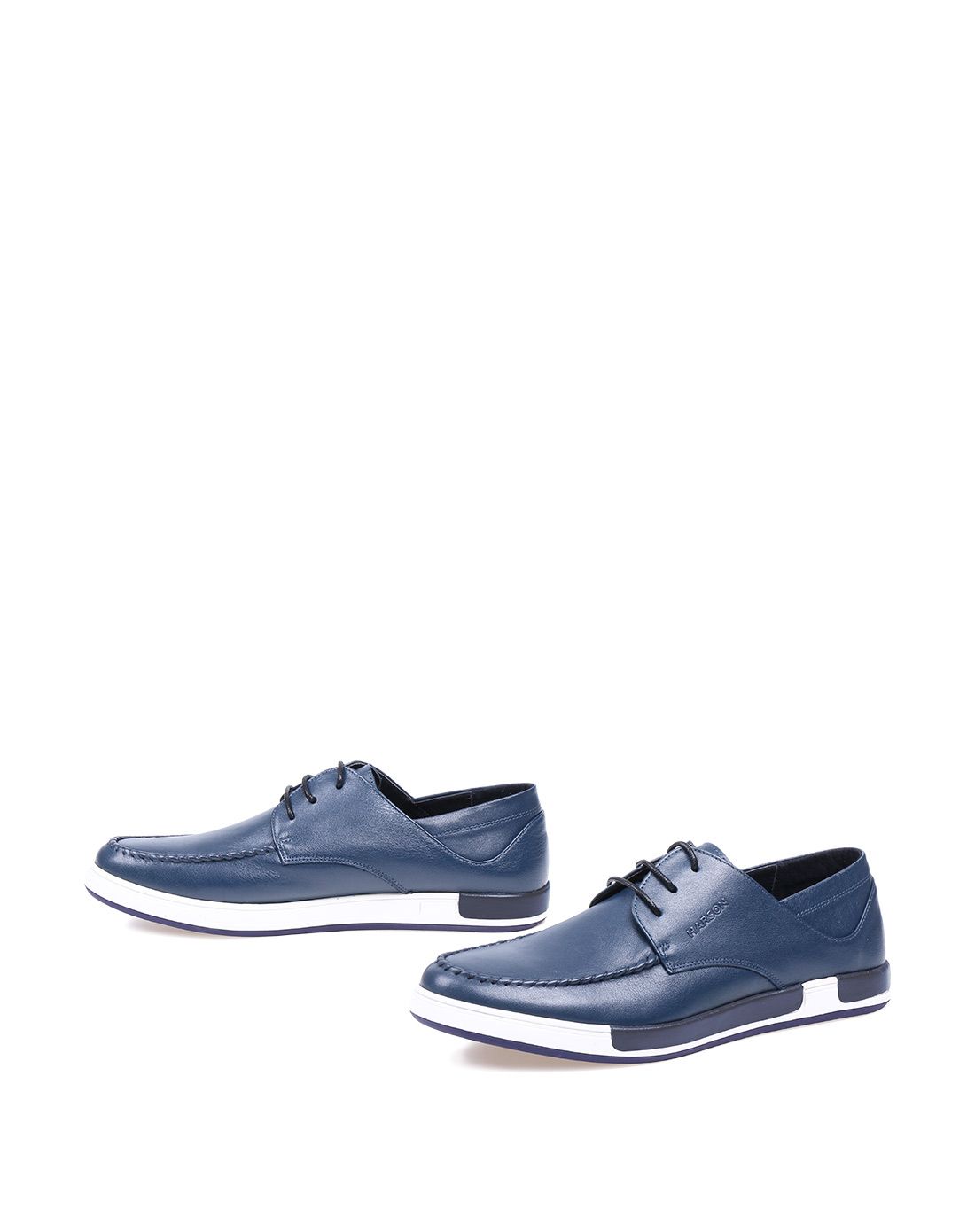 哈森16年新款深蓝色牛皮革舒适平跟圆头时尚休闲鞋