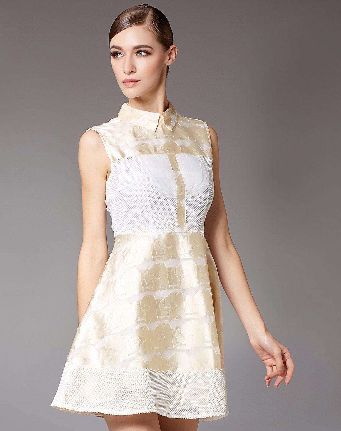 白金色无袖通勤ol风拼接修身提花连衣裙