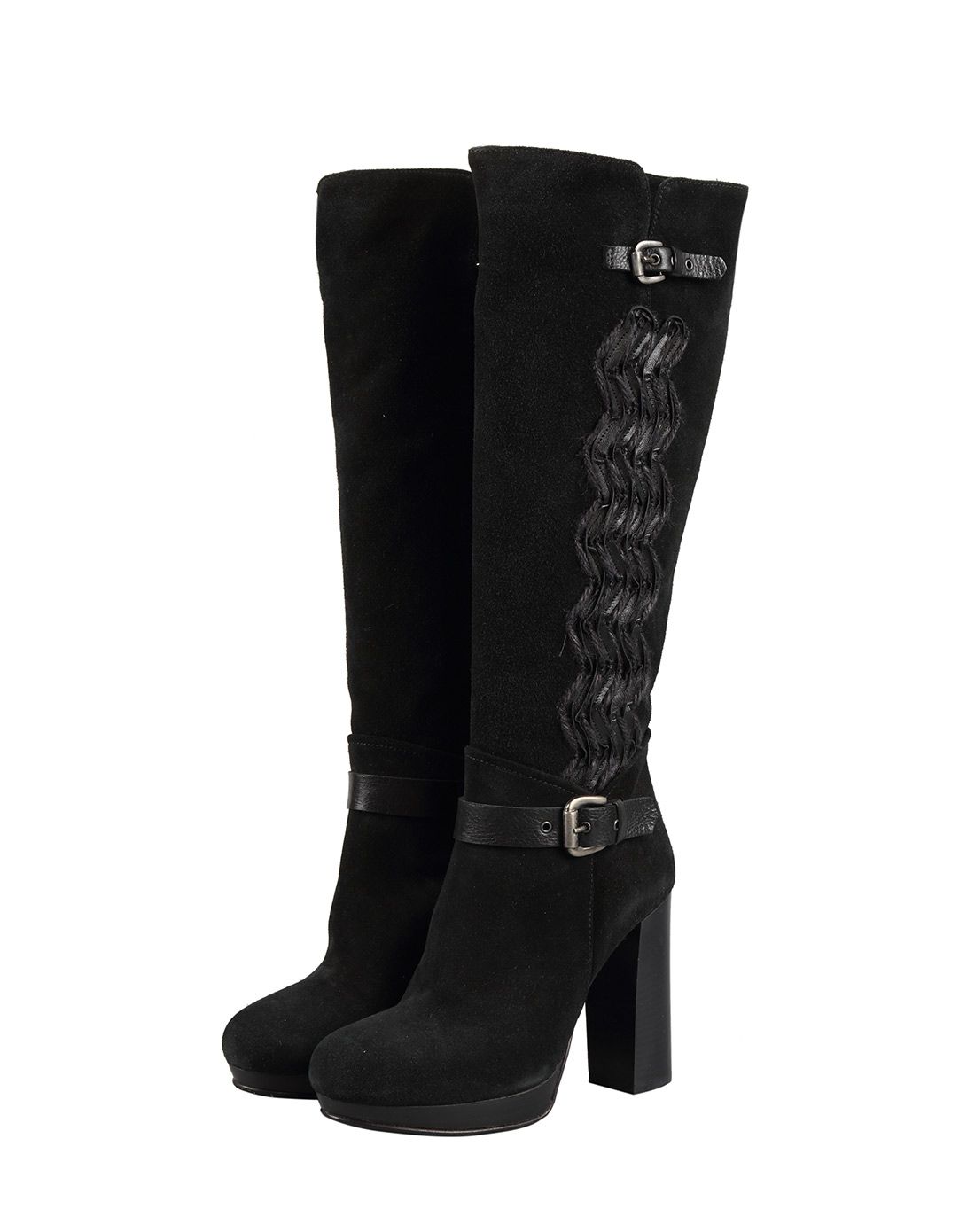 意大利进口黑色绒面牛皮浪漫复古长靴