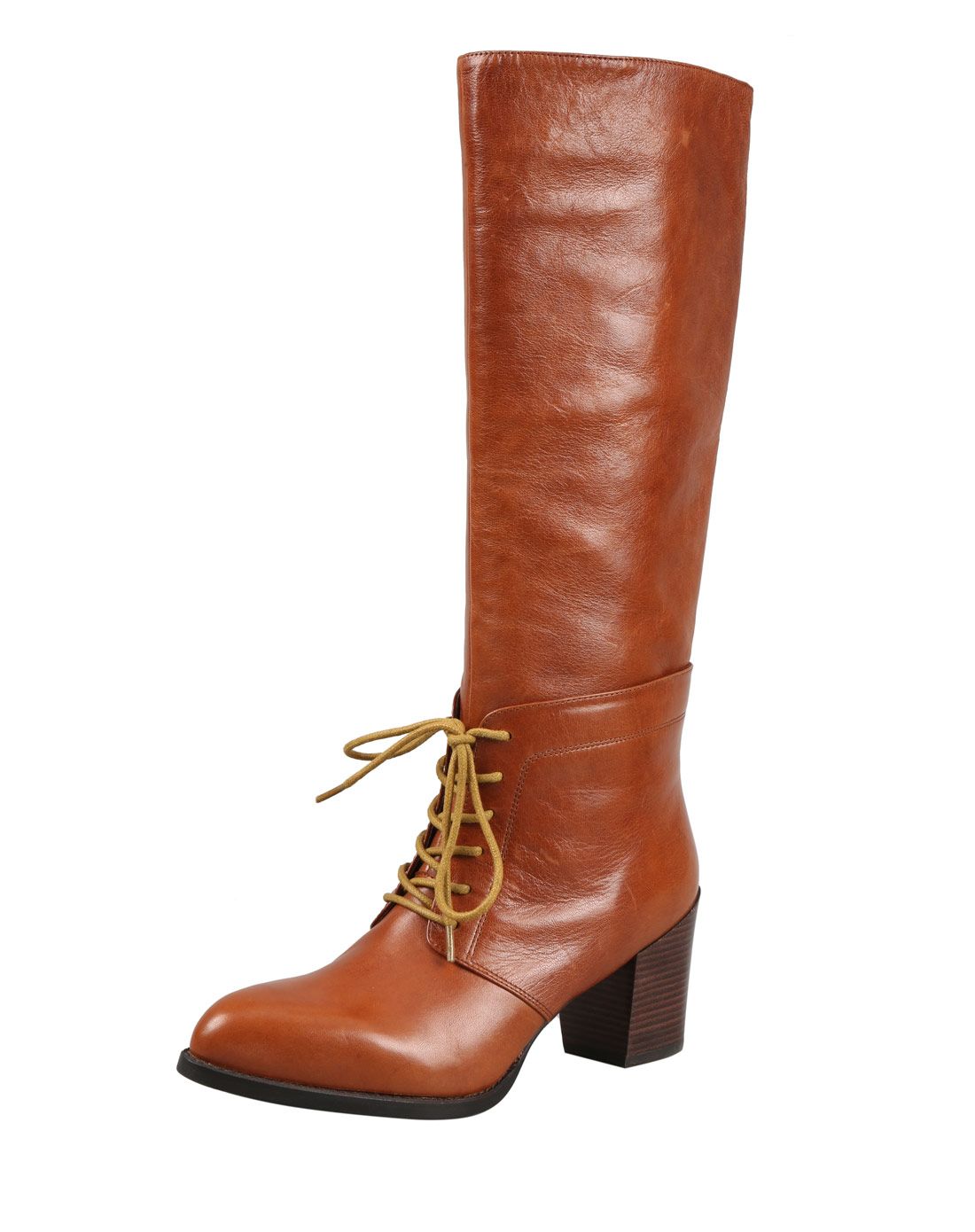 茶黄色牛皮时尚复古长靴