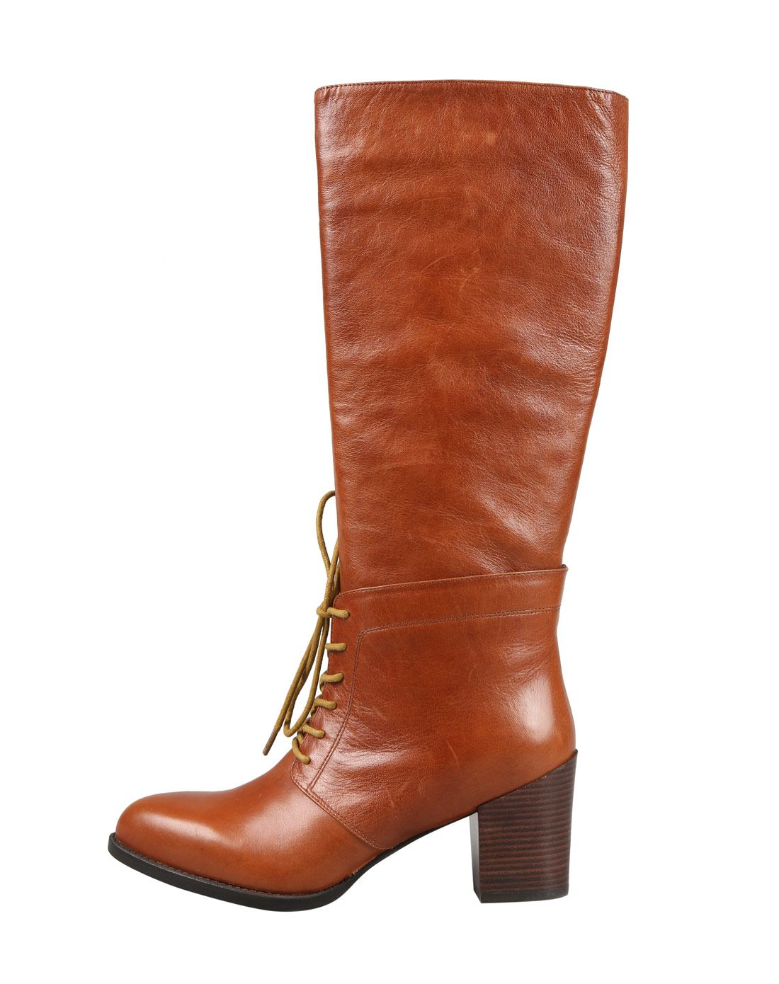 茶黄色牛皮时尚复古长靴