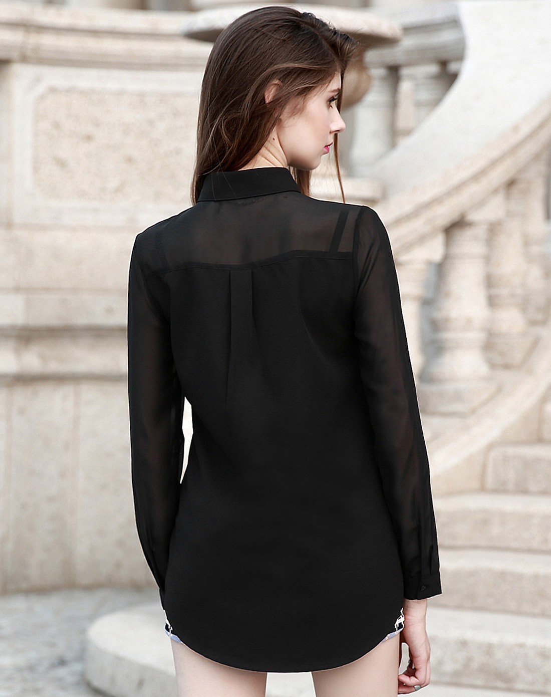 黑色长袖时尚透视街头雪纺衫