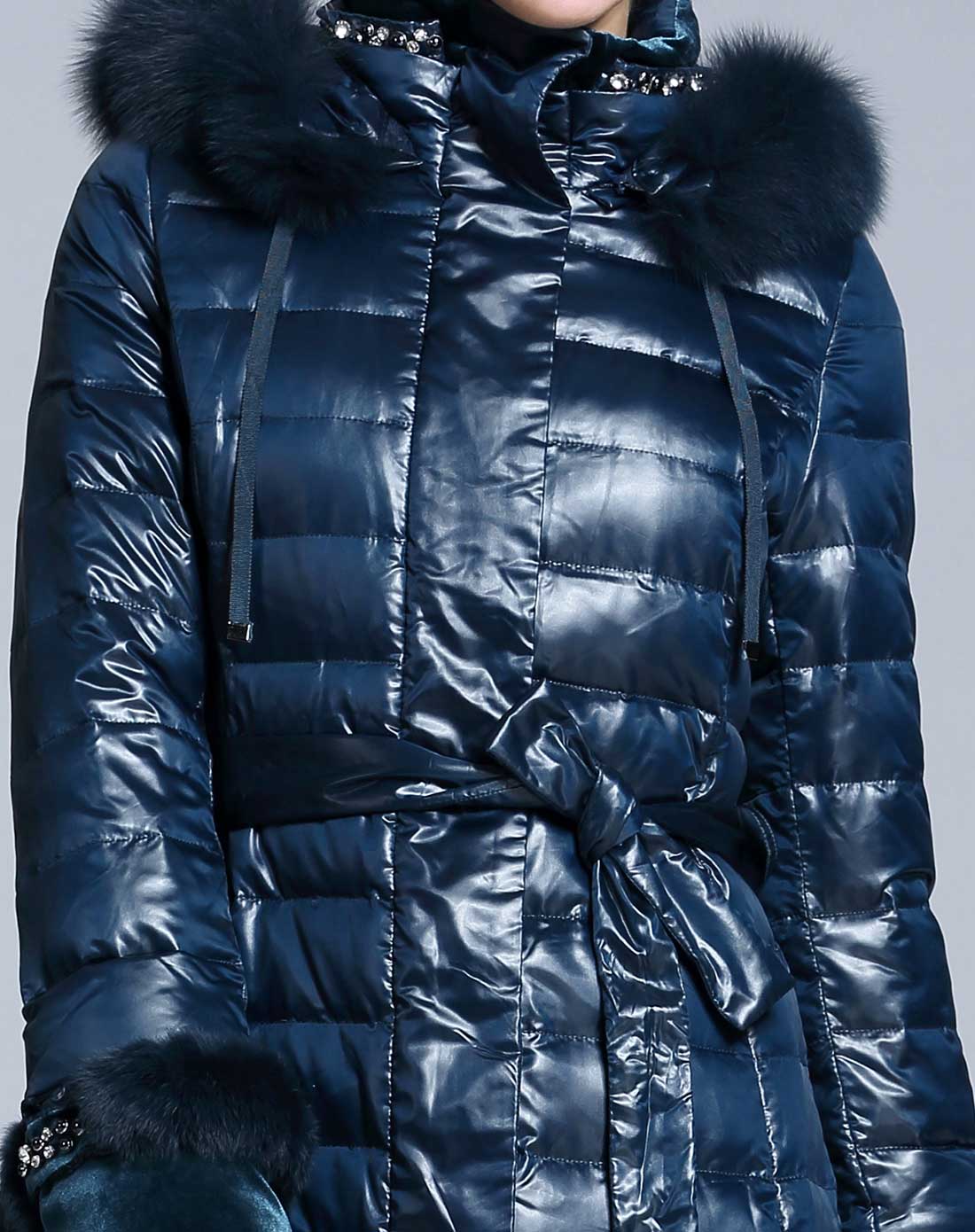 卡雷尔cerel vogue孔雀蓝时尚百搭系腰带长款羽绒服2e340014801463