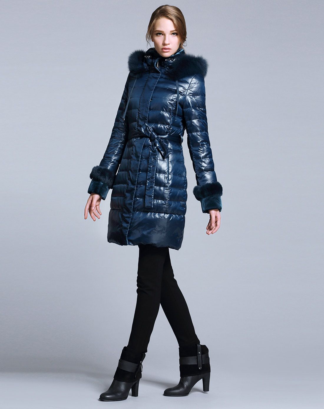 卡雷尔cerel vogue孔雀蓝时尚百搭系腰带长款羽绒服2e340014801463