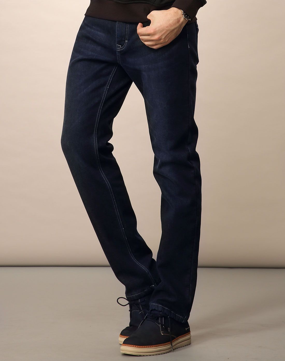> 水洗直筒 加绒加厚 男款蓝黑色牛仔长裤