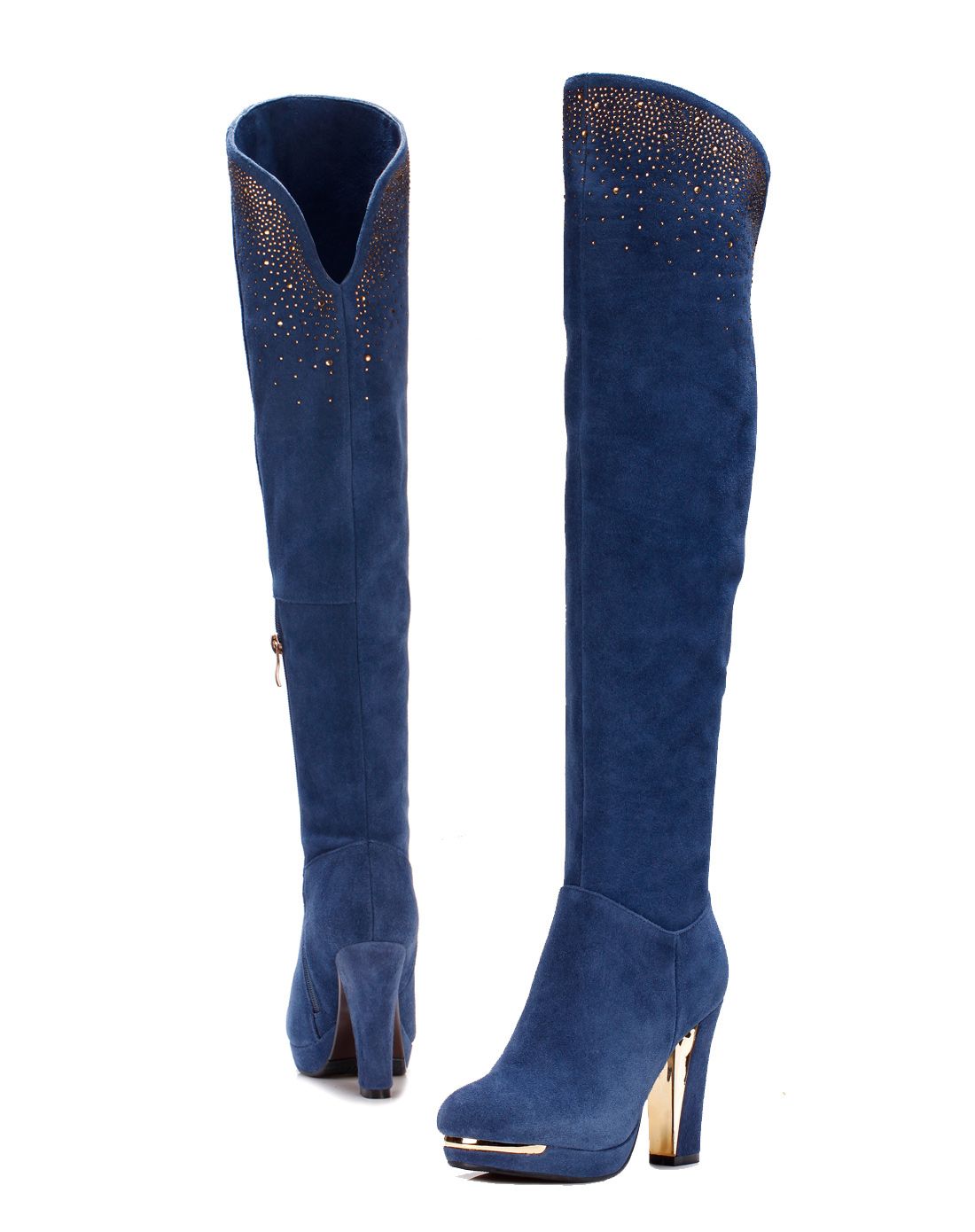 香阁儿女款蓝色镶钻高筒长靴