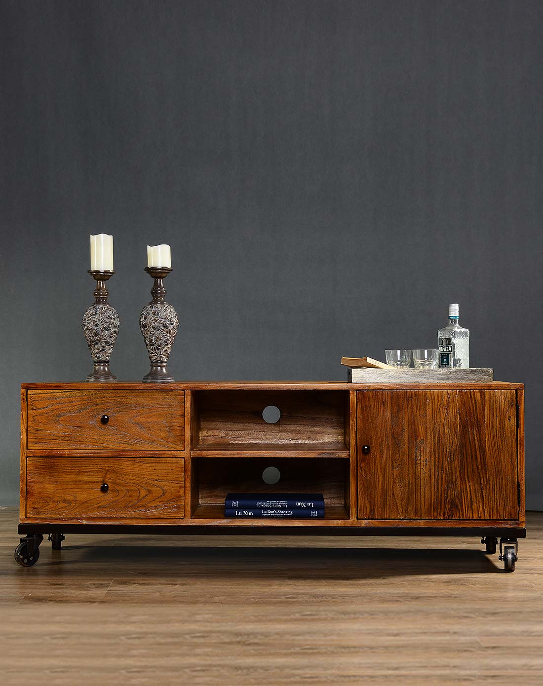 > 汉尼顿老榆木带滚轮客厅电视柜 b款