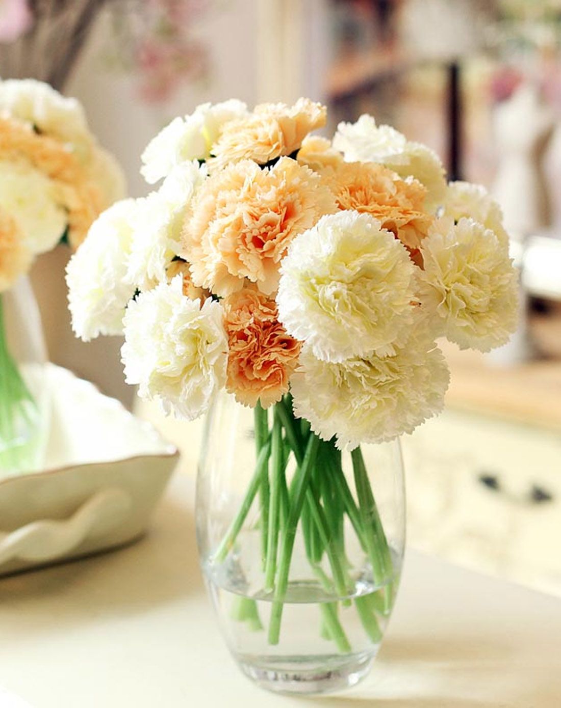 清新典雅康乃馨 玻璃花瓶高仿真花套装-2款可选