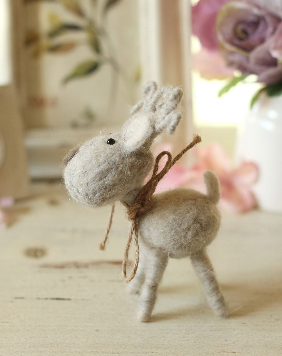羊毛毡手工灰色麋鹿-可爱桌面摆件