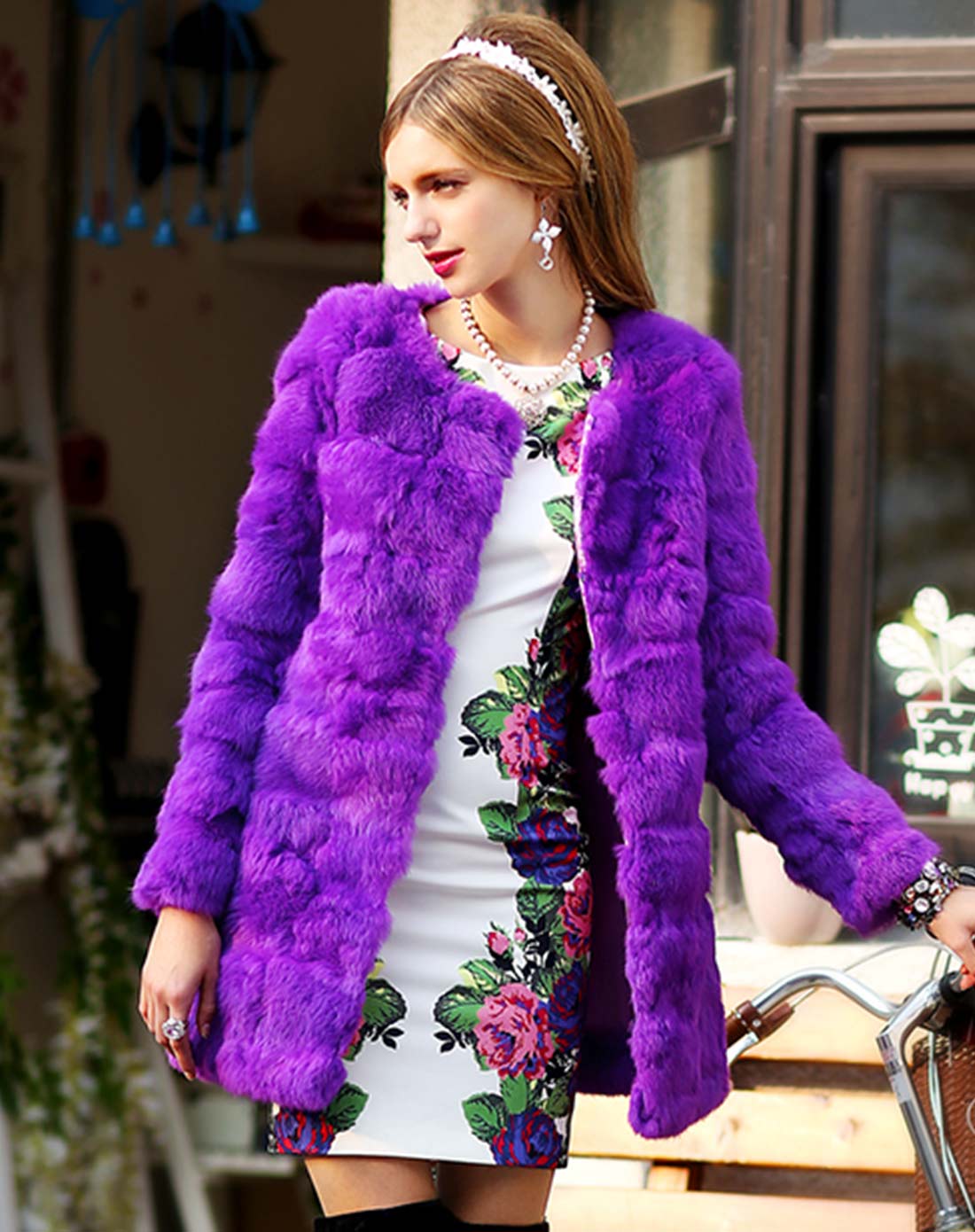 亮紫色圆领名媛气质修身长款皮草外套