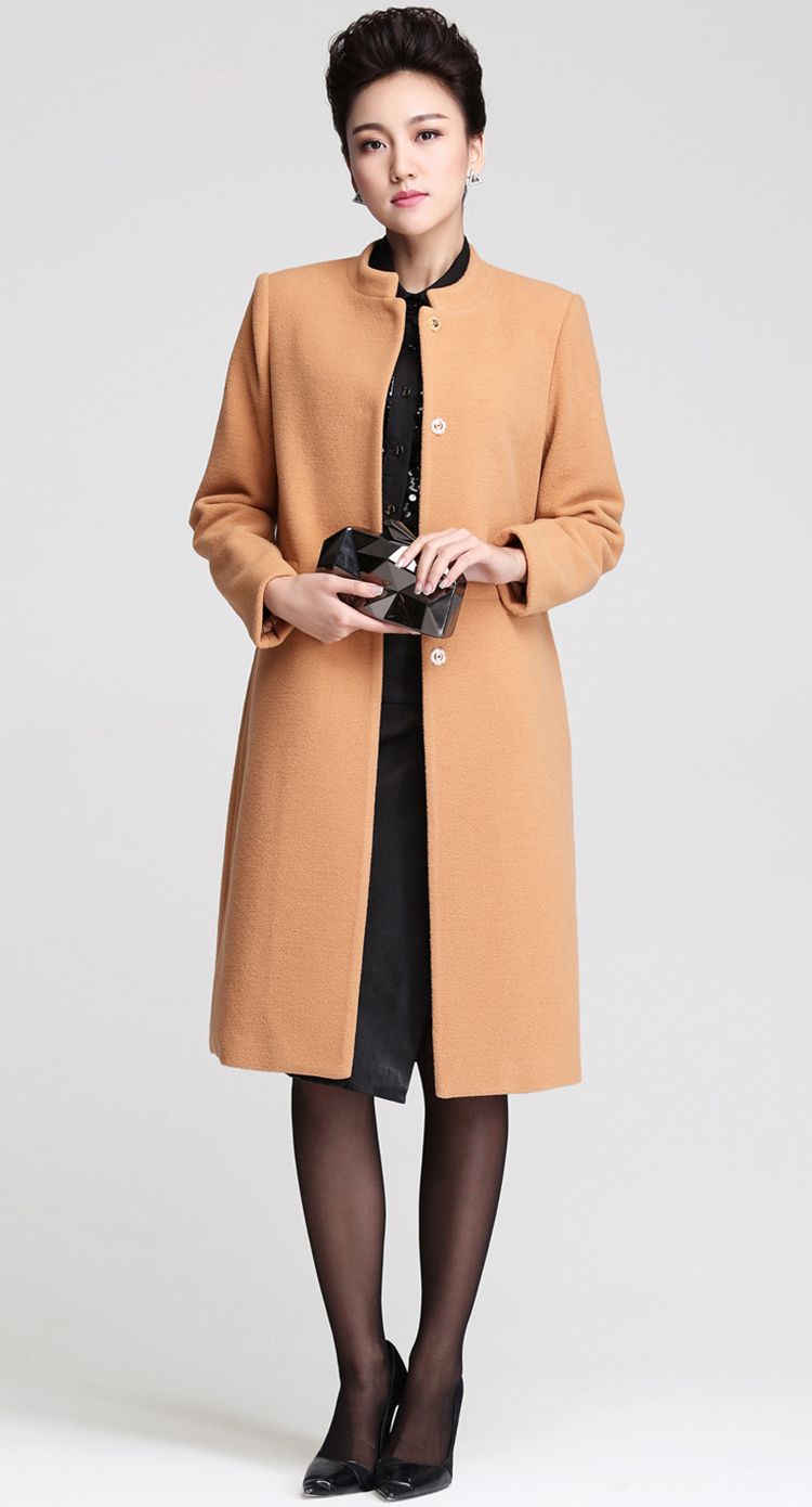 纤麦qian mai驼色时尚百搭纯色中长款毛呢大衣外套954181353815_唯品