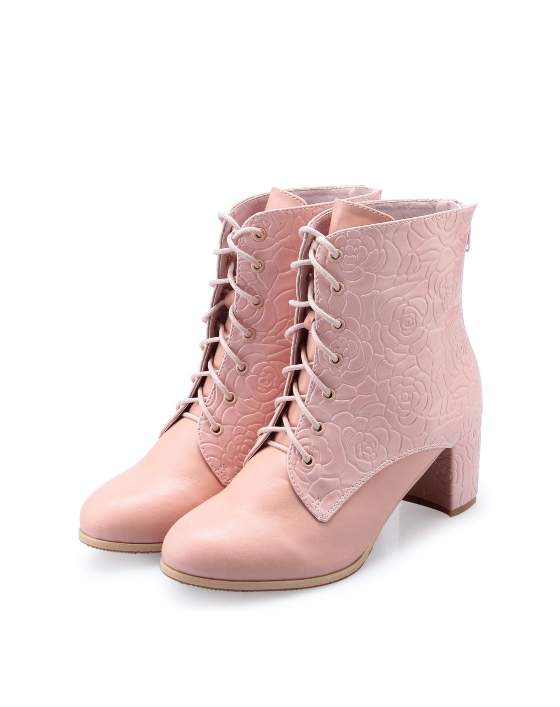 涉趣甜美粉甜美山茶花纹短靴