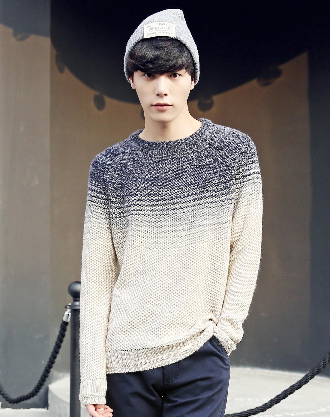 凡兔one-t男装移动专场男灰色韩风时尚撞色休闲毛衣my-80huise_唯品会