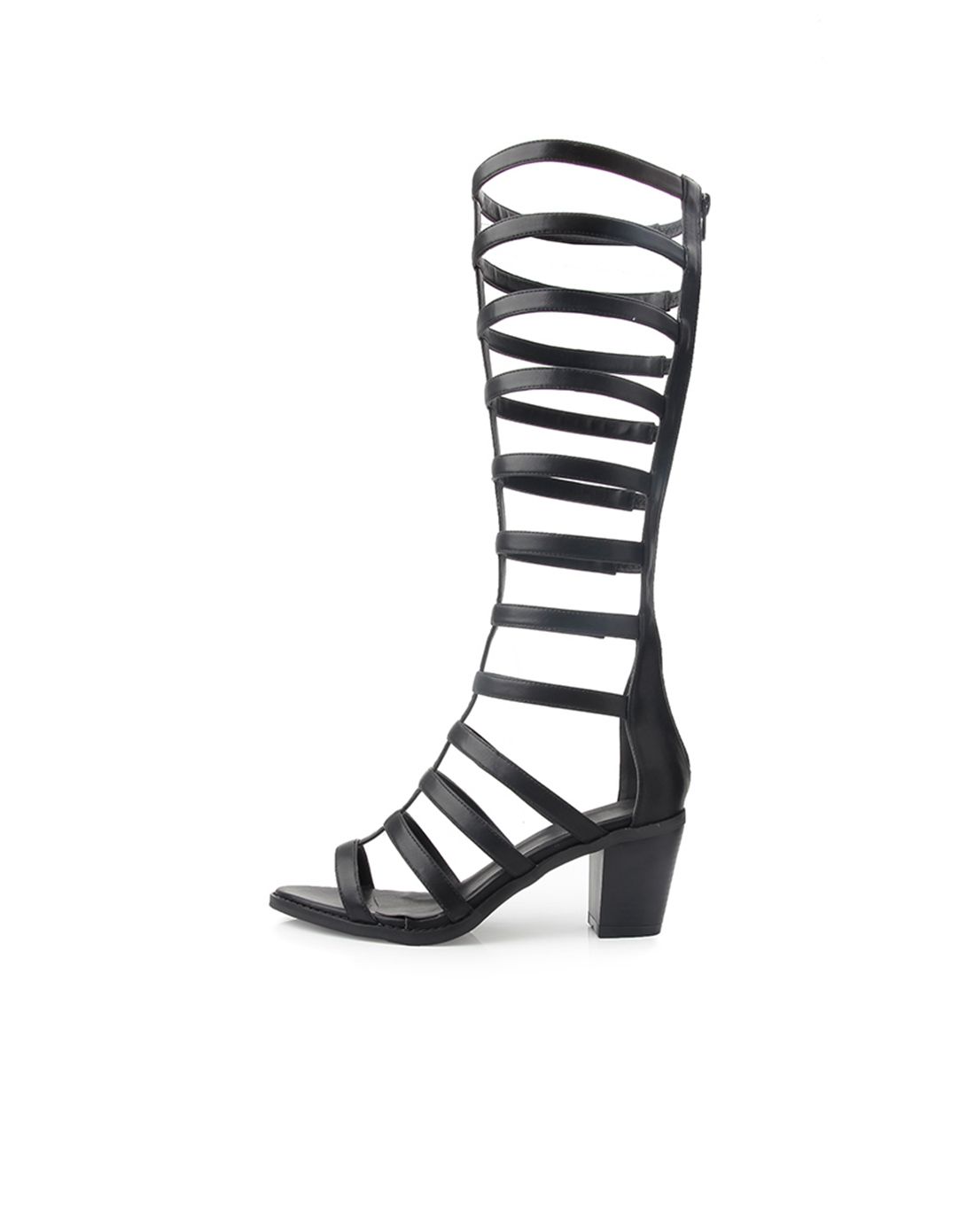 女款黑色镂空拉链罗马靴