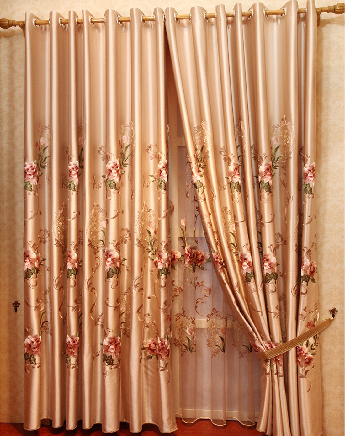 花好月圆绣花窗帘两片3x2.7m挂钩