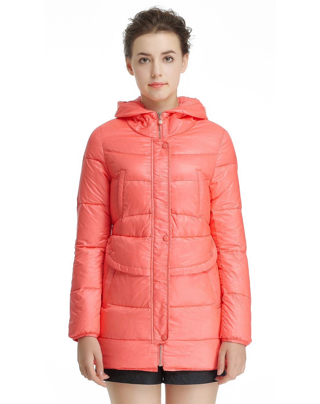 浅桃红色时尚活力长袖中长款羽绒服