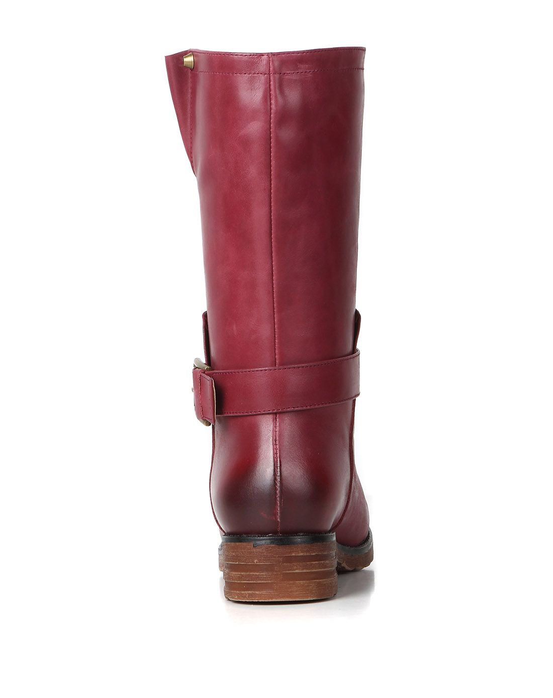 女款酒红色牛皮马丁靴金属皮带扣个性中筒靴