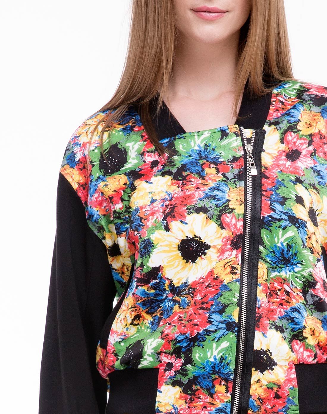 红绿花欧美时尚拼接印花短棒球服