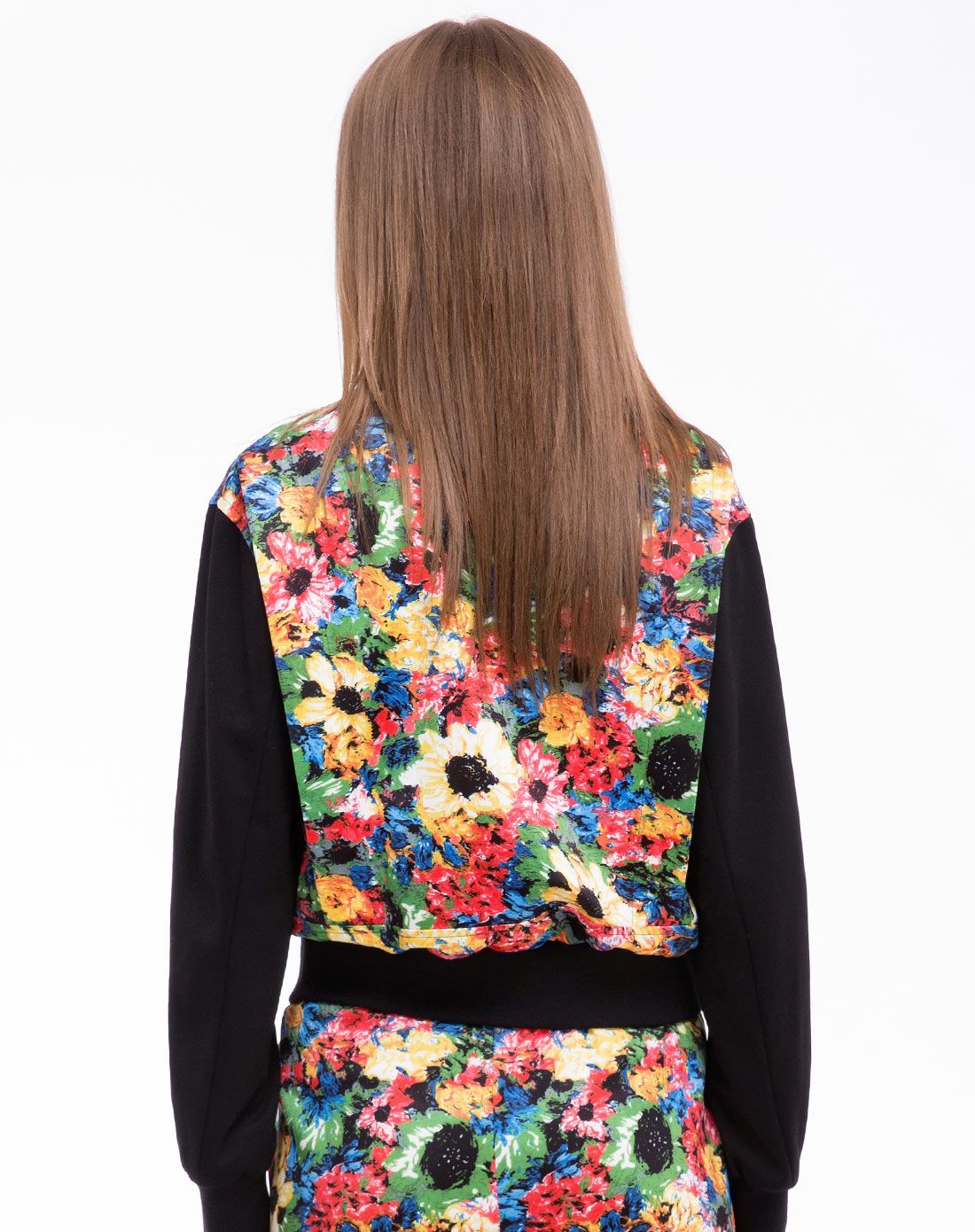 红绿花欧美时尚拼接印花短棒球服