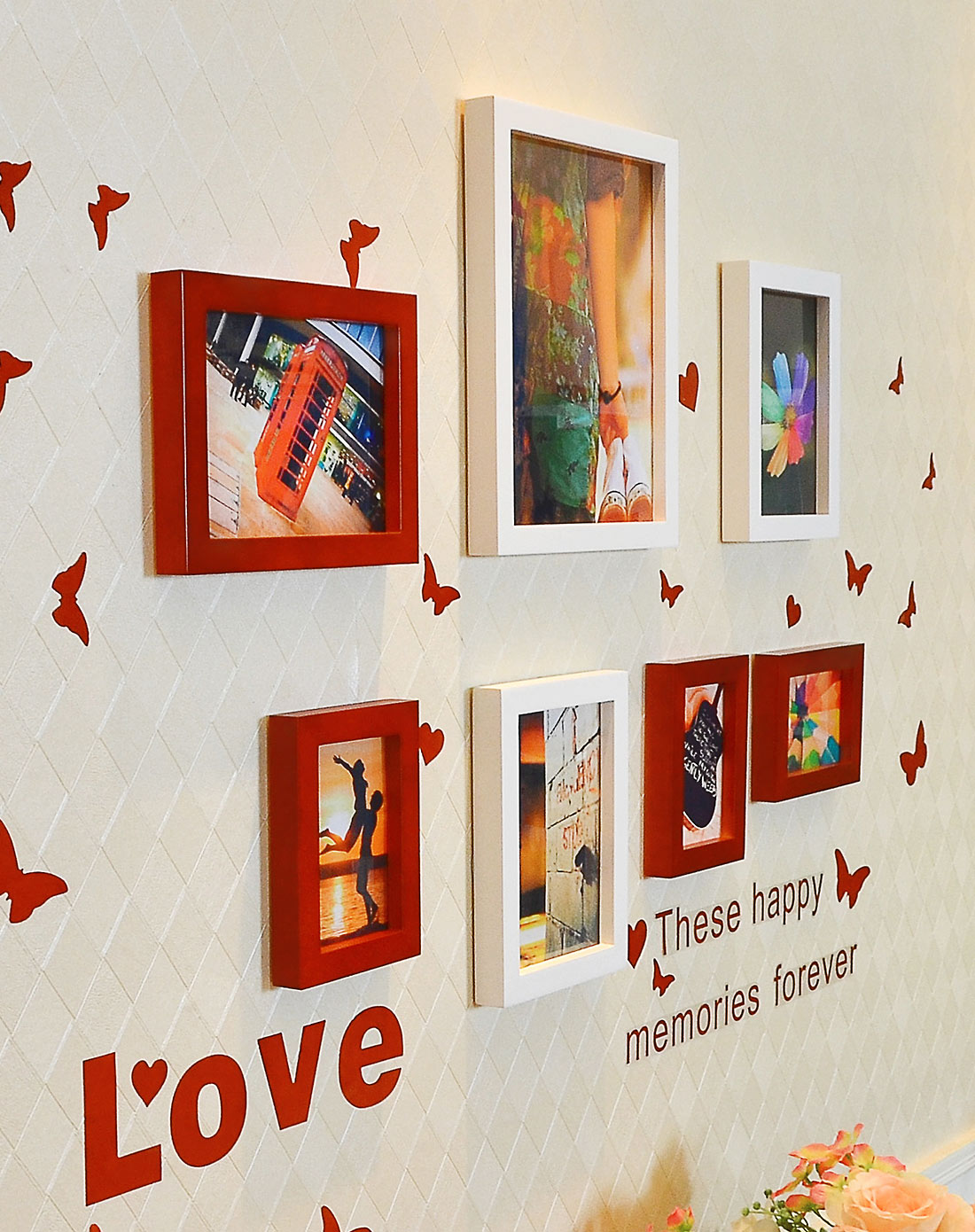 7框实木照片墙love墙贴白红组合