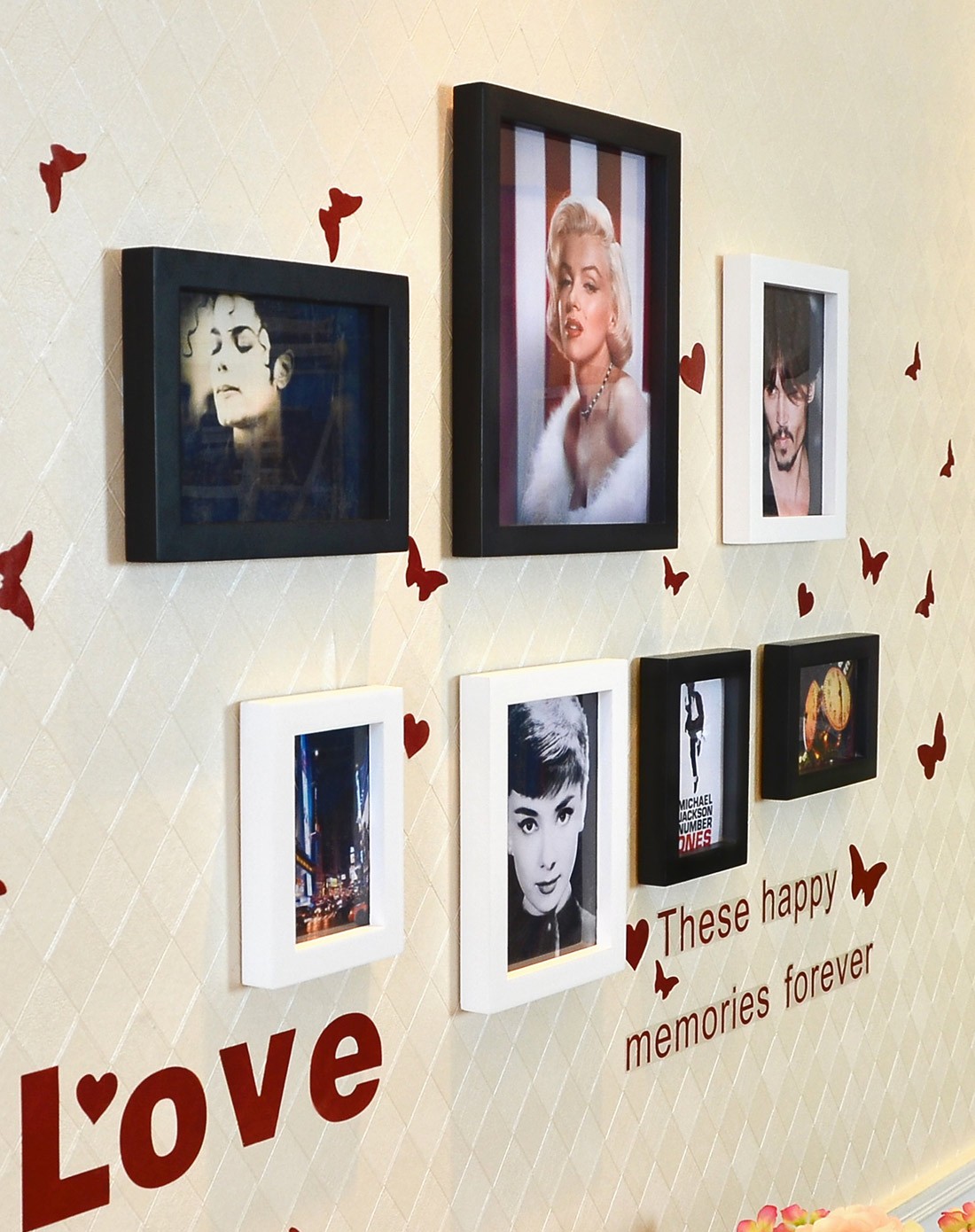 7框实木照片墙love墙贴黑白组合