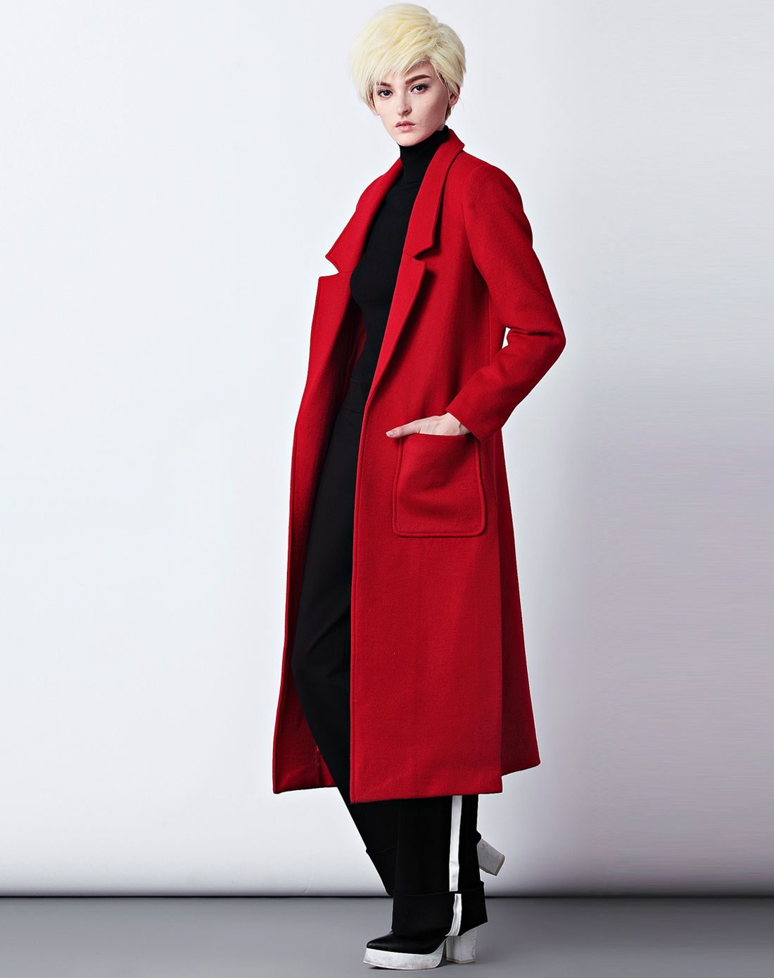 欧美气质大口袋直筒显瘦长款正红色羊毛呢外套