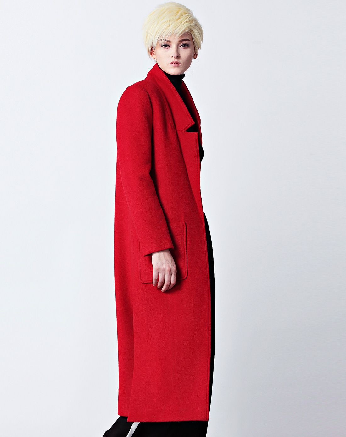 欧美气质大口袋直筒显瘦长款正红色羊毛呢外套
