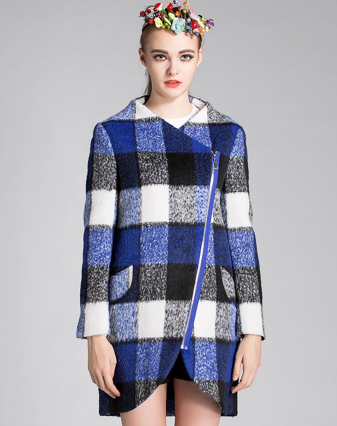 2015冬装新品蓝色格子呢料长袖中长款大衣