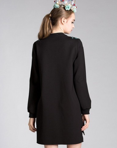 黑色圆领长袖孔雀套头针织连衣裙