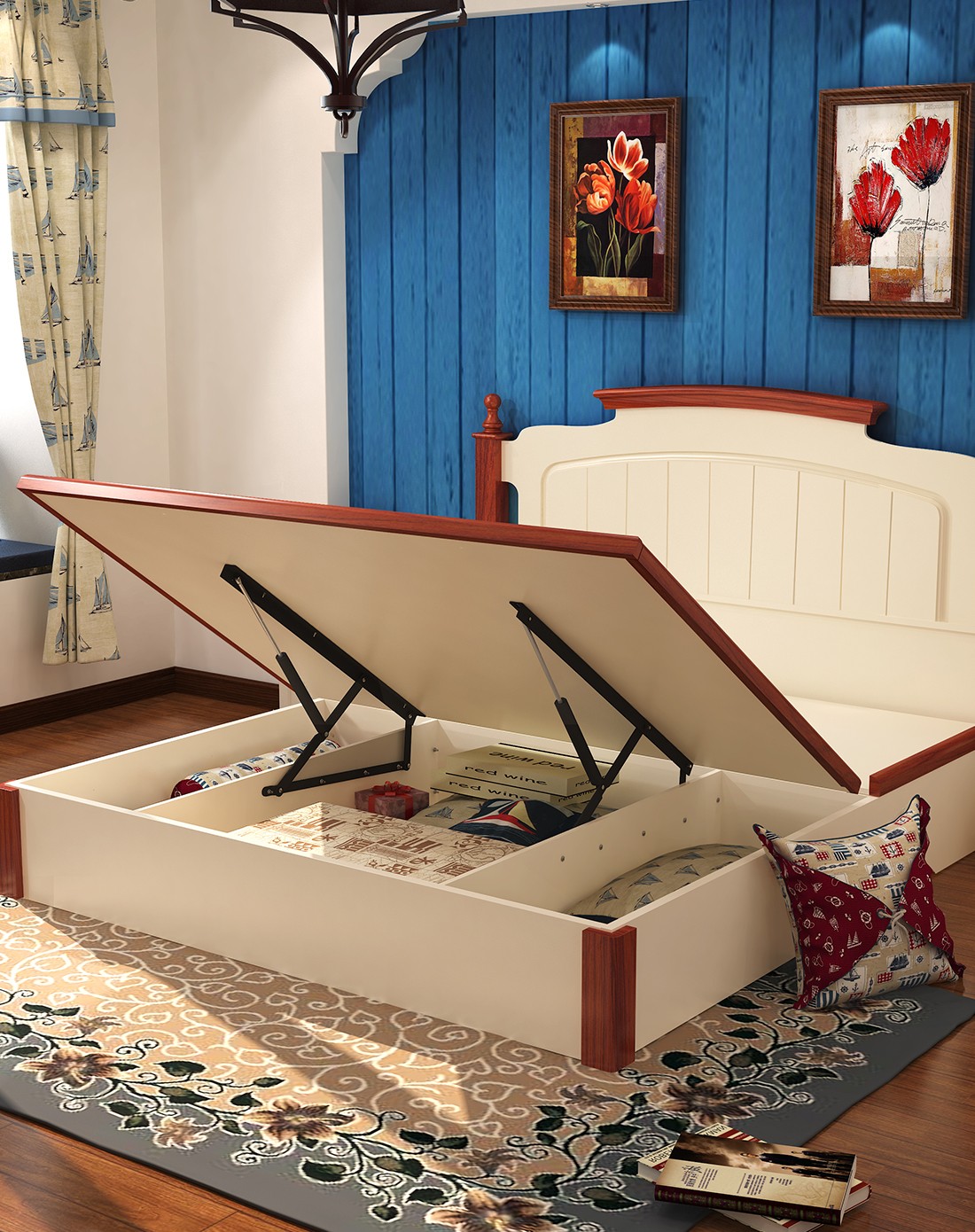 > 珍珠白实木板式高箱床1.8*2米