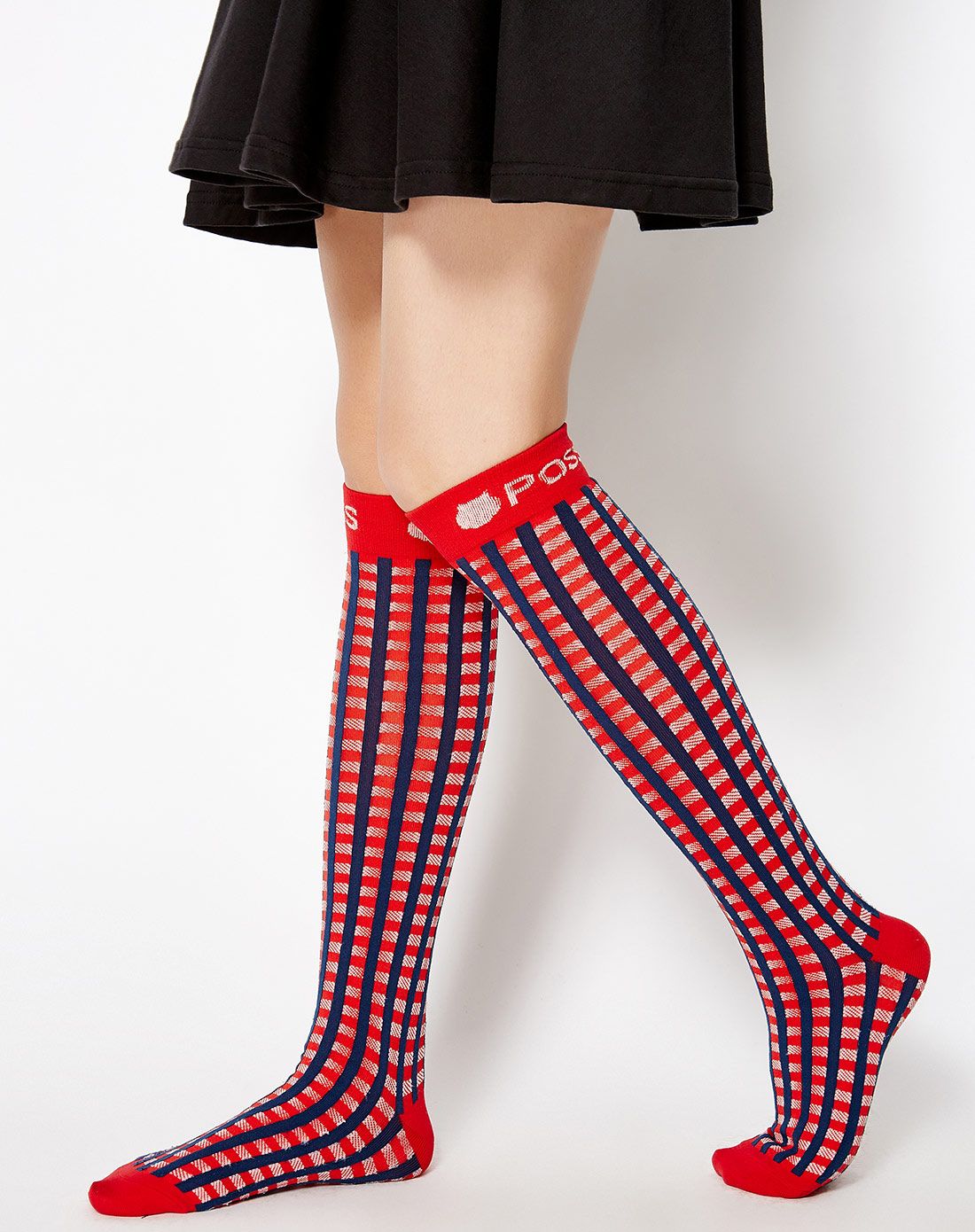 红蓝条格子长筒袜