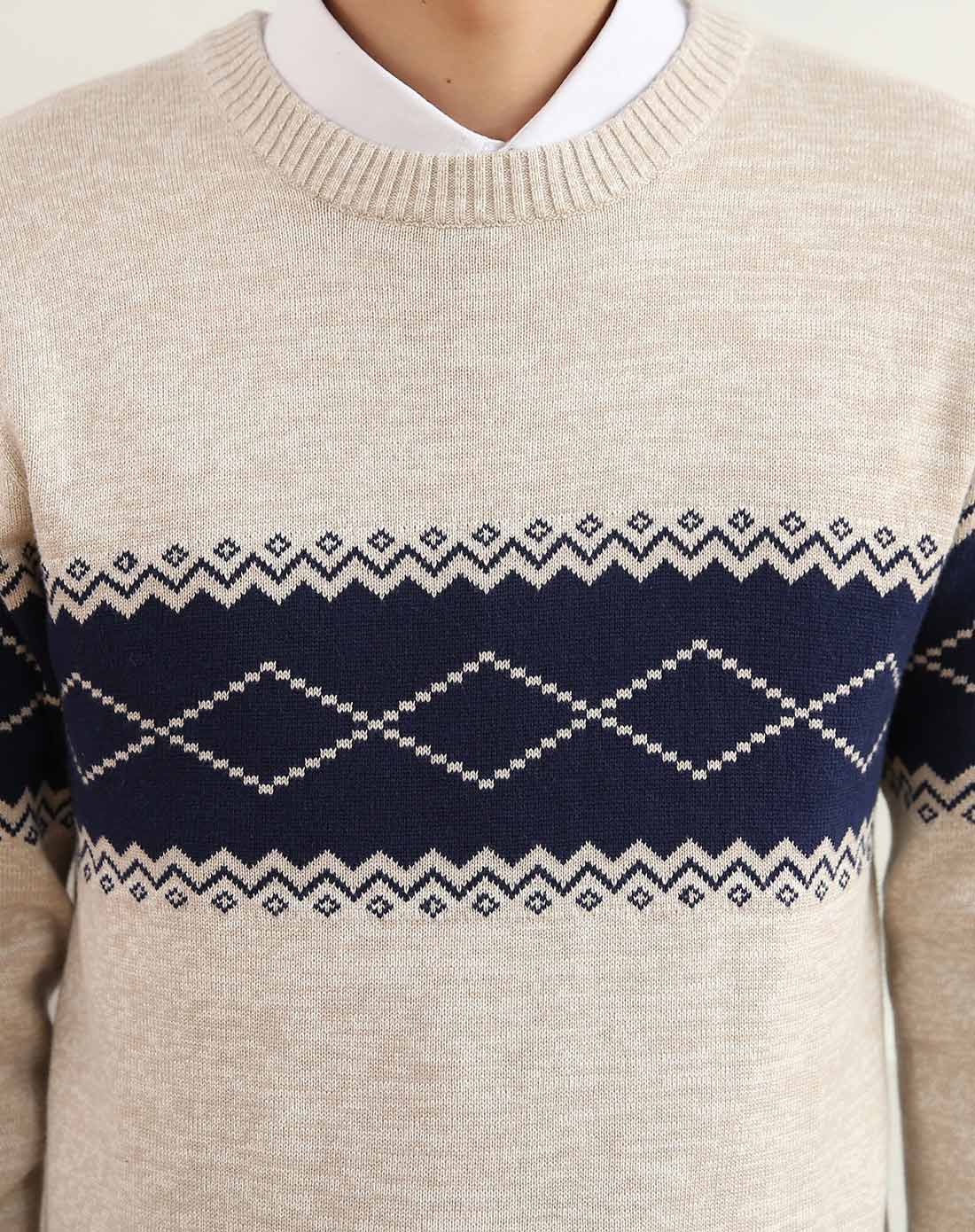 男卡其色时尚创意图案休闲毛衣