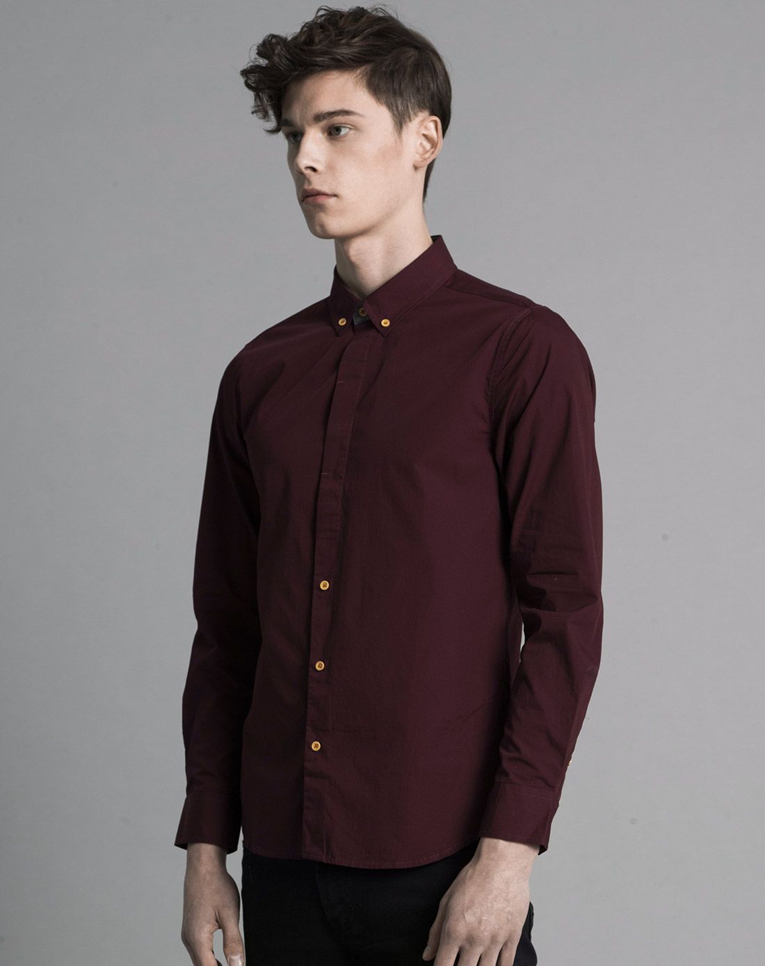 酒红色纯棉长袖衬衫