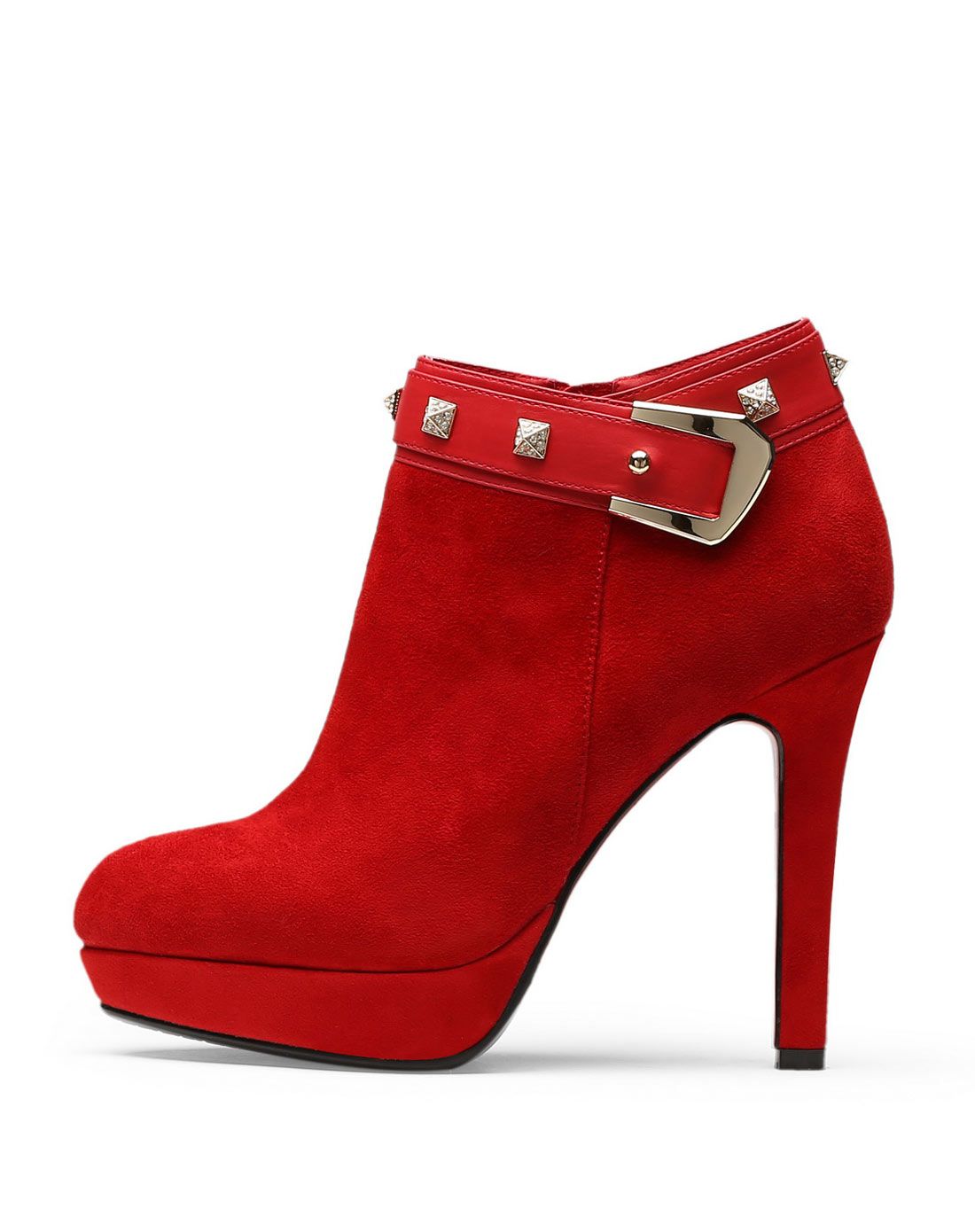 新款羊皮红色细跟高跟短靴