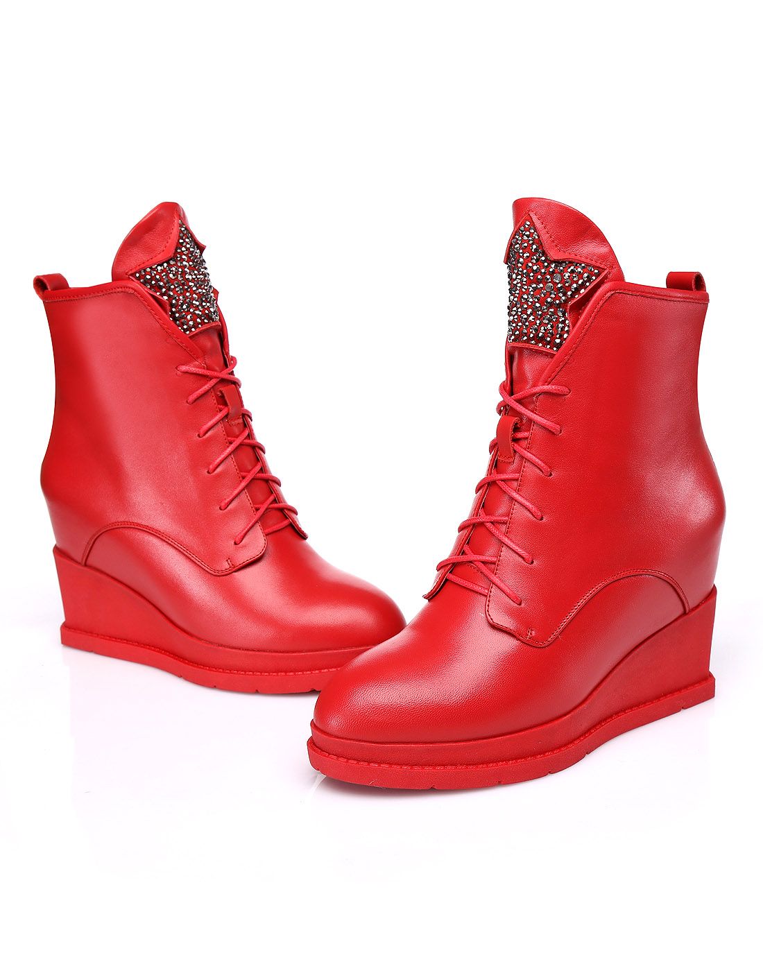 冬季红色牛皮革中跟圆头矮靴