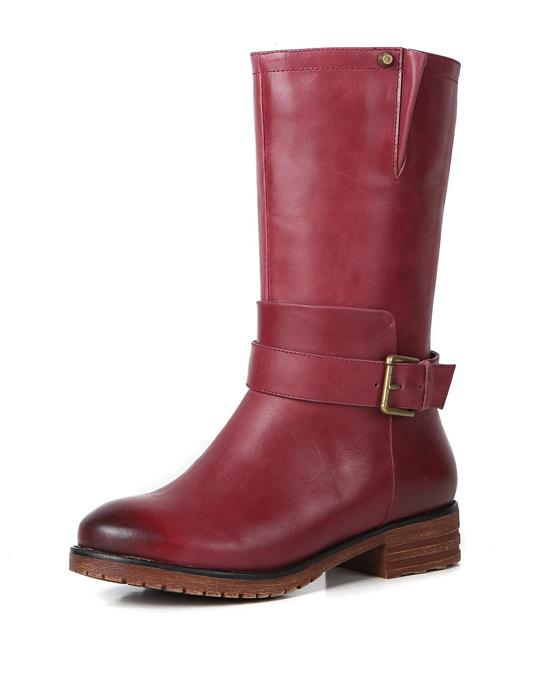 女款酒红色牛皮马丁靴金属皮带扣个性中筒靴