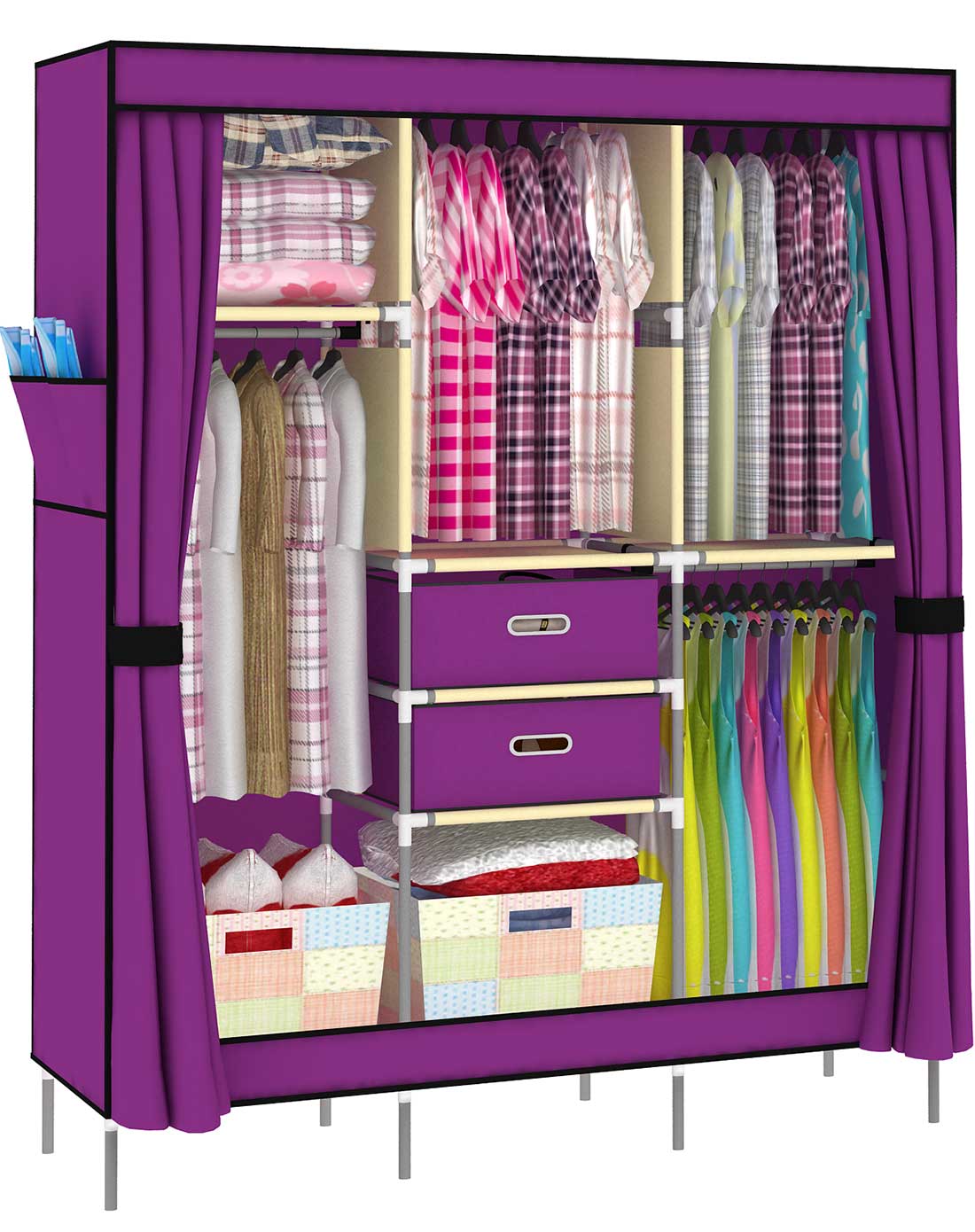 双开侧拉门双抽屉简易布衣柜紫色