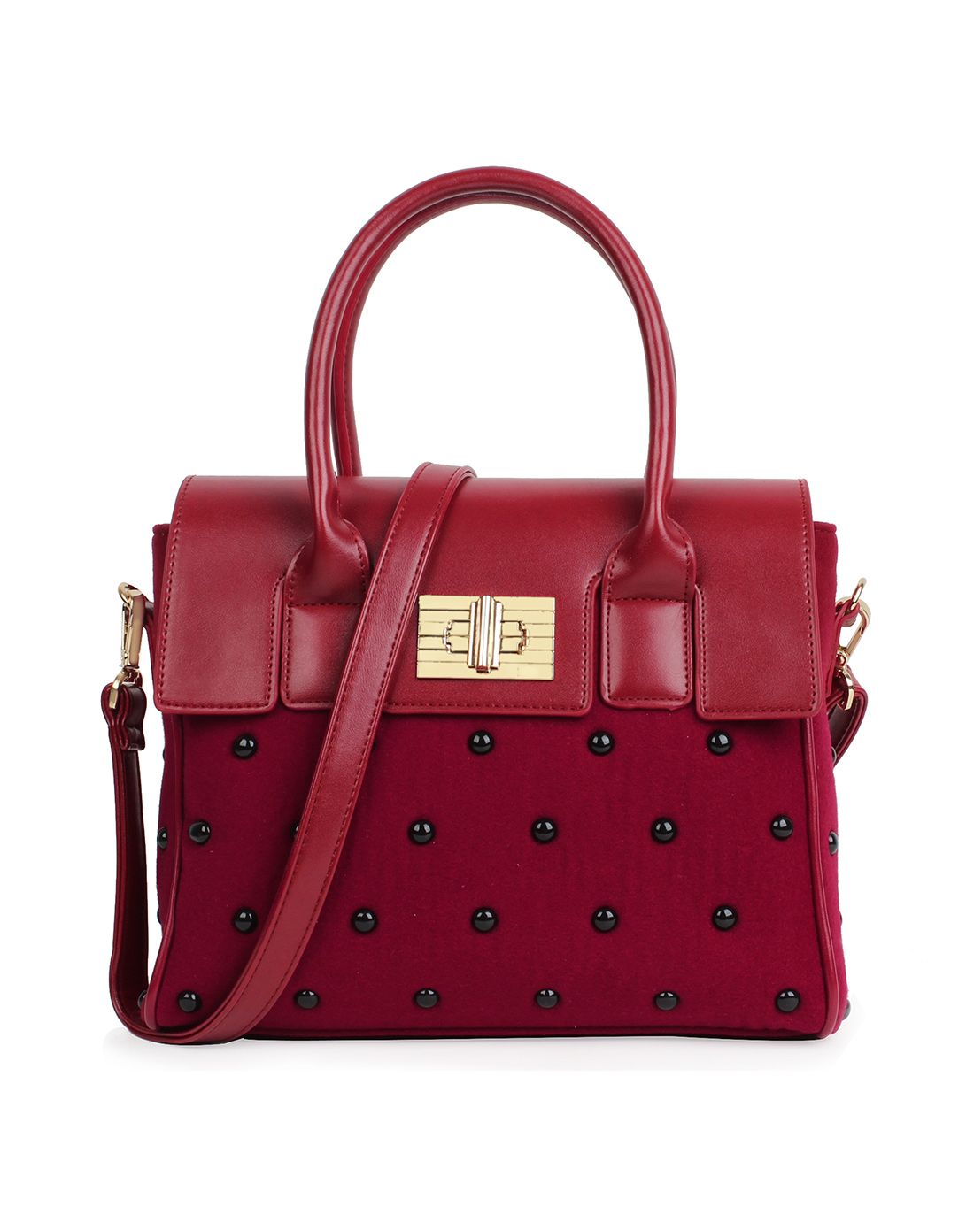 酒红色撞色呢子铆钉单肩包