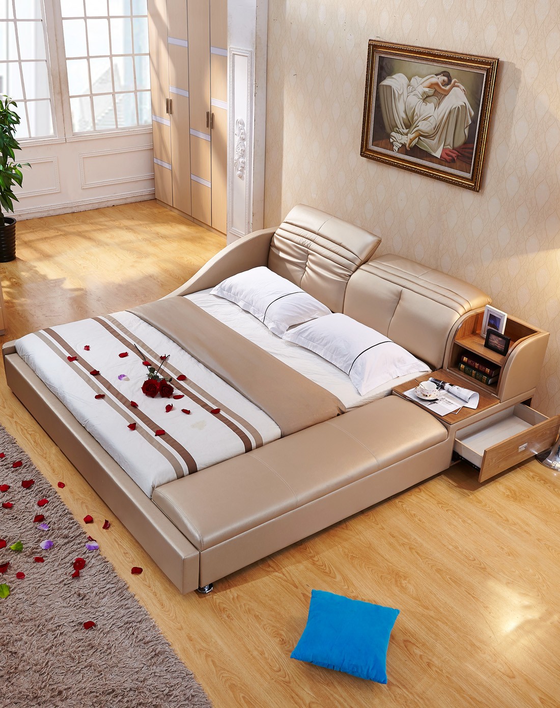 > 榻榻米双人床 卧室真皮床 1.8米 左方向 浅卡其色