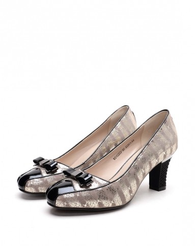 莱斯佩斯灰金色牛花皮优雅高跟单鞋