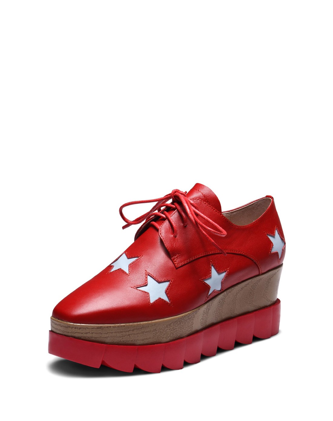 红色-方头拼色五角星坡跟鞋