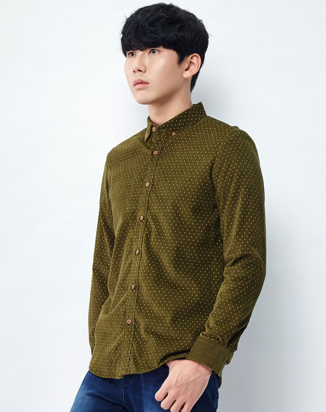 男款橄榄绿印花长袖衬衫