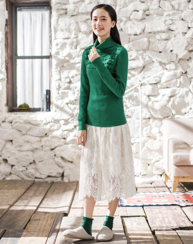 【冬新装】青绿色百搭高领套头毛衣